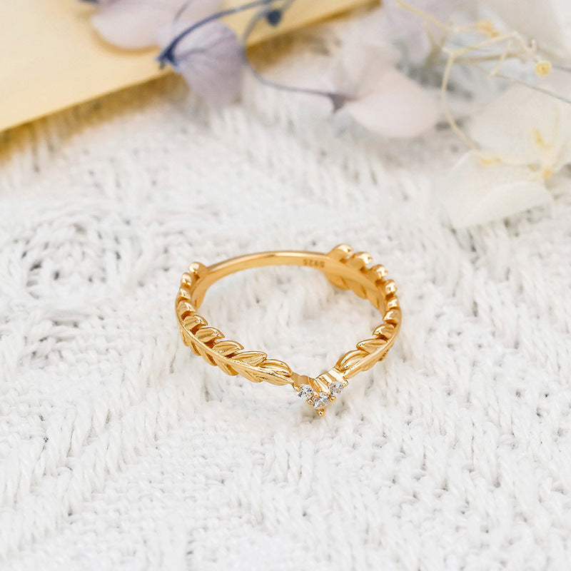 Dainty Gold Zircon Feather Leaf Ring