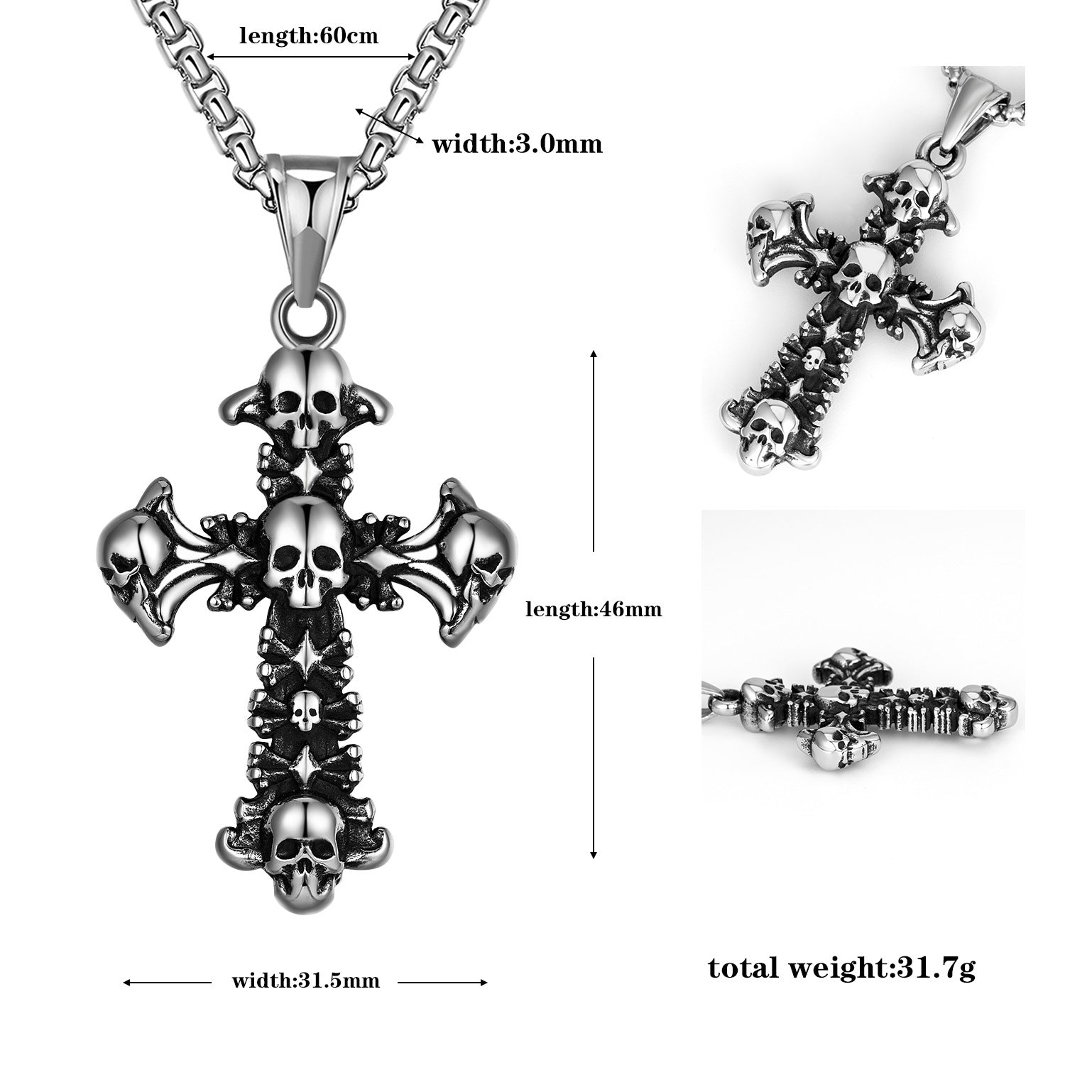 Halloween Skull Cross Pendant Herringbone Chain Necklace