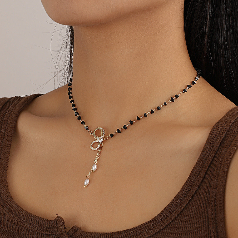 Trillion Crystal Bow Choker Y Necklace with Tassel 