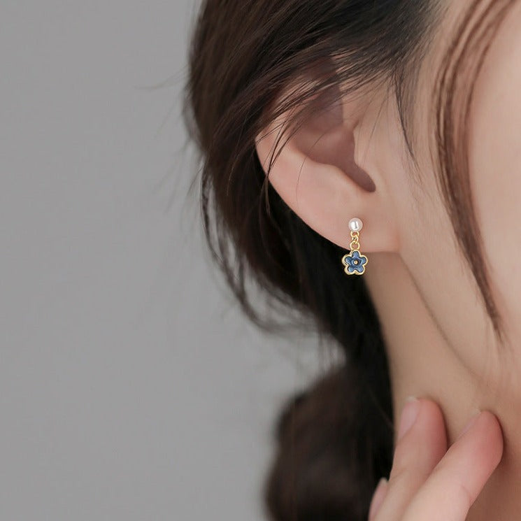 Enamel Little Flower Pearl Drop Earrings