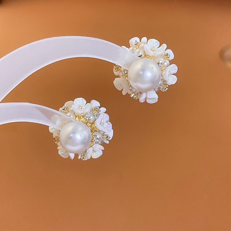 Elegant Pearl Flower Front Back Ear Jacket Earrings 