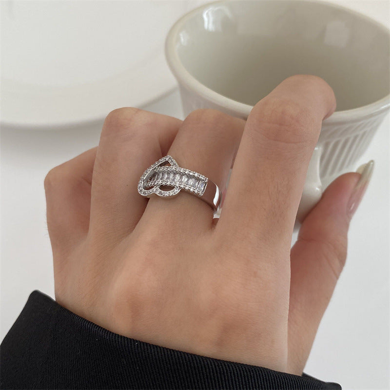 Wide Band Zircon Silver Heart Ring