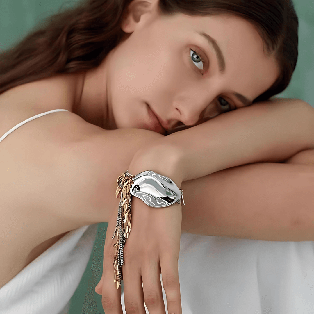 Exaggerate Metallic Two Tone Leaf Statement Bracelet