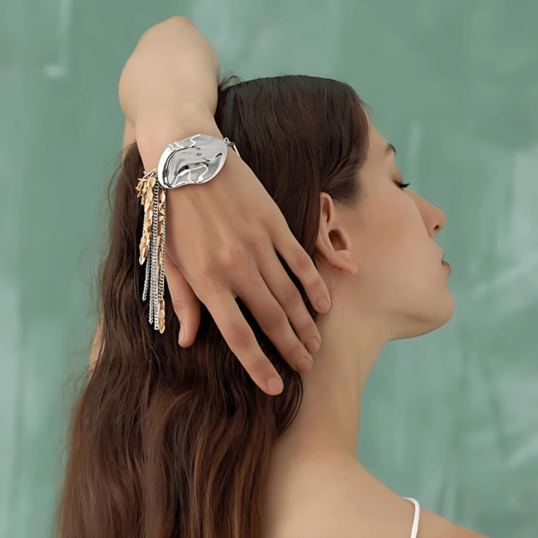 Exaggerate Metallic Two Tone Leaf Statement Bracelet