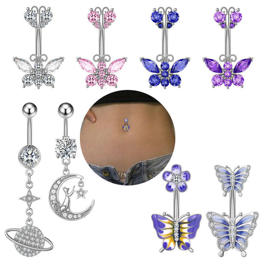 14G Purple CZ Butterfly Double Mount Dangle Belly Button Ring | WH2560