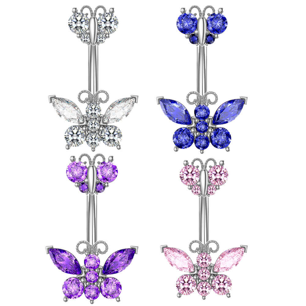 14G Purple CZ Butterfly Double Mount Dangle Belly Button Ring | WH2560