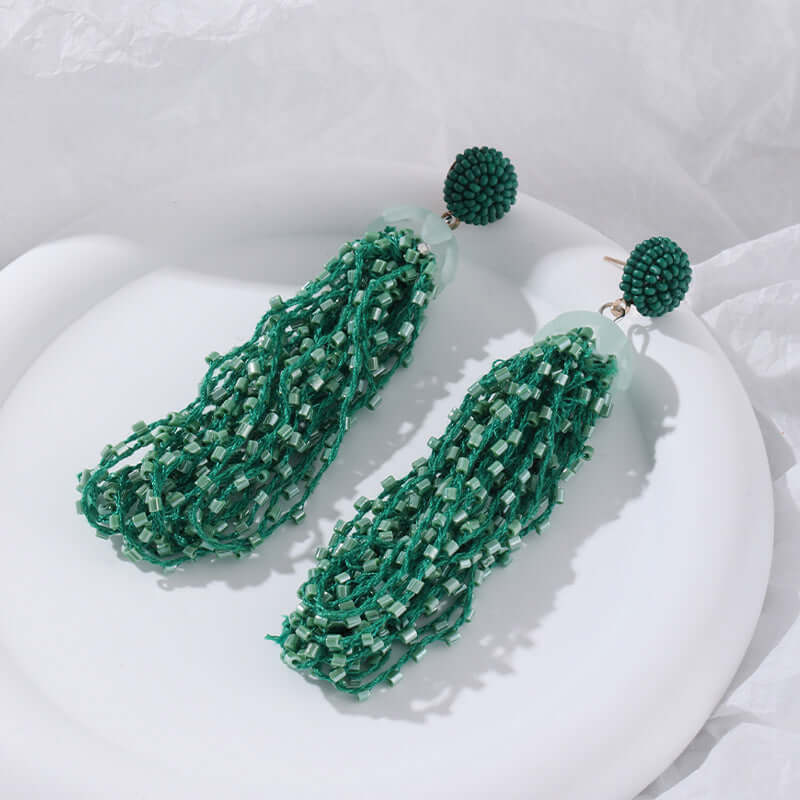 Bohemian Green Tassel Long Earrings