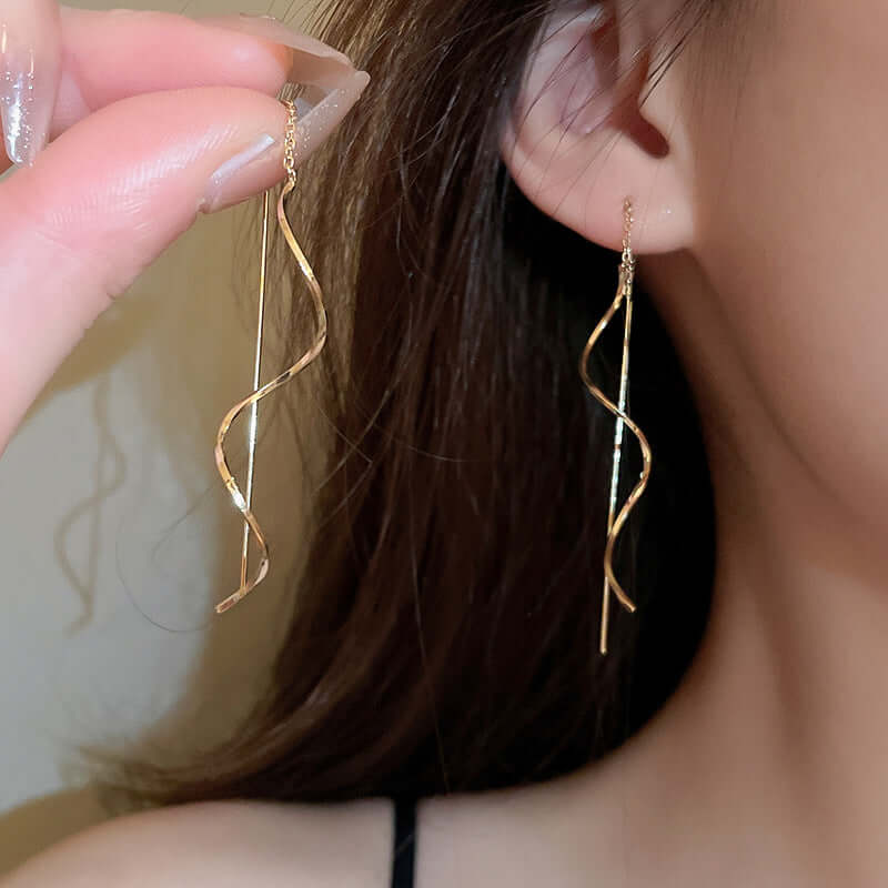 Gold Spiral Long Chain Threader Earrings
