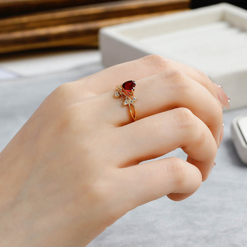 Red Garnet Heart Shaped Olive Branch Spiral Ring