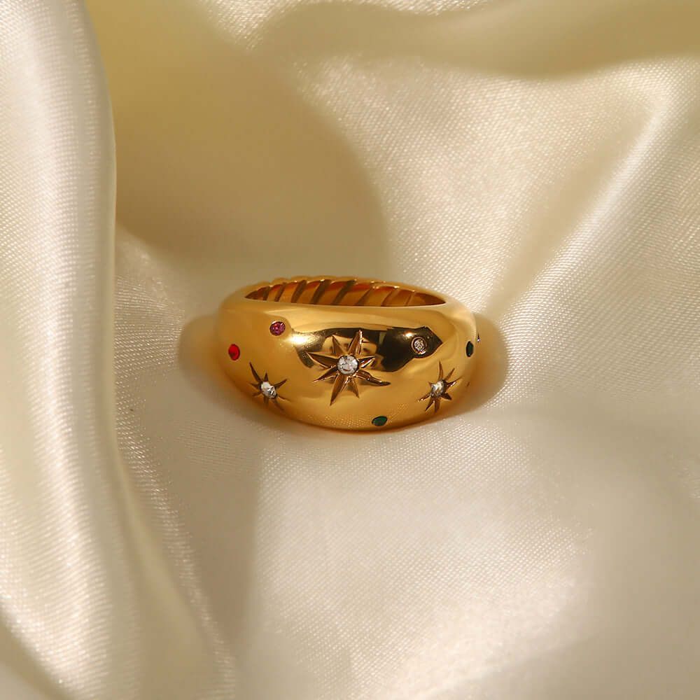 18K Gold Star Dome Ring, Gold Twist Ring, Star Ring, Thick Ring