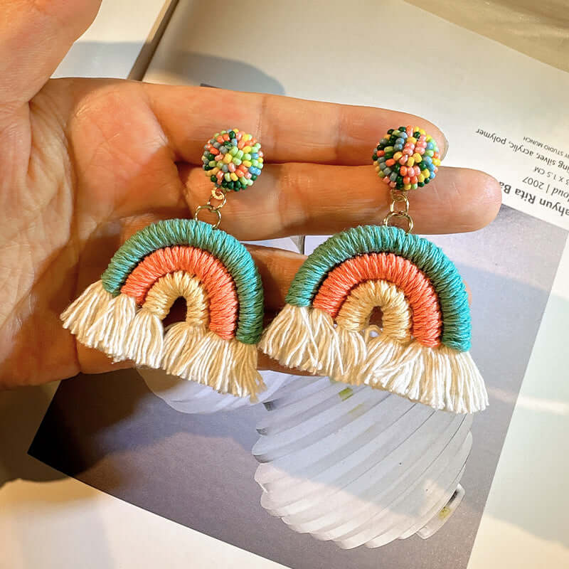 Woven Knit Rainbow Tassel Necklace