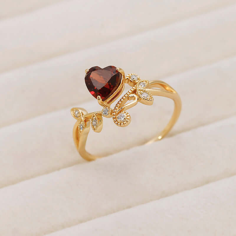 Red Garnet Heart Shaped Olive Branch Spiral Ring