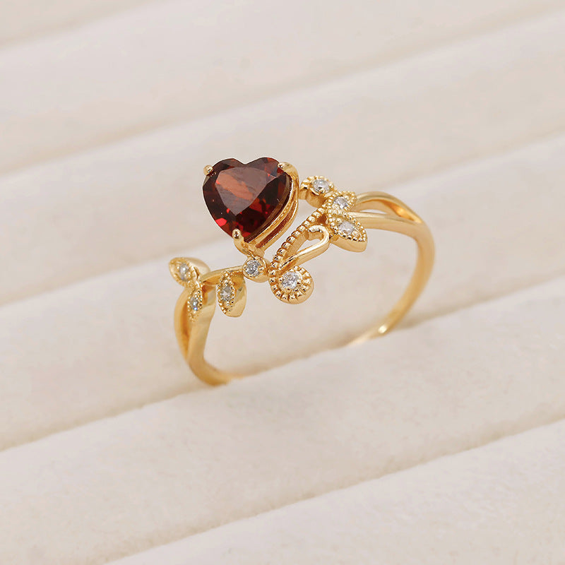 Red Garnet Heart Shaped Olive Branch Spiral Ring