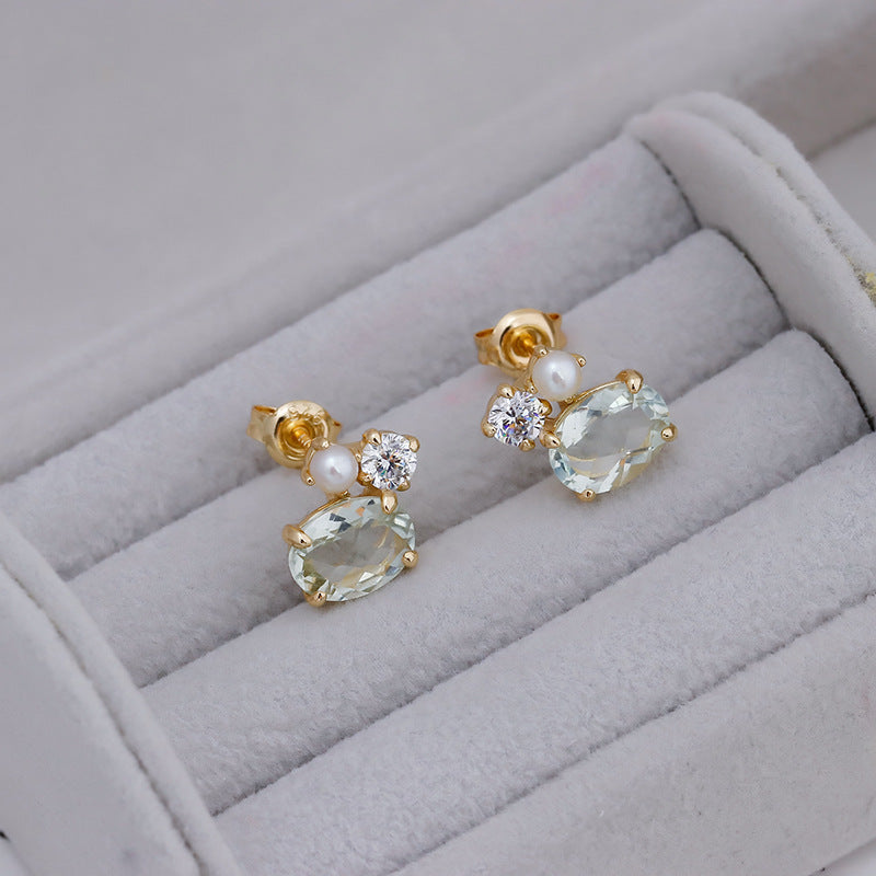 Dainty Green Amethyst Stud Earrings with Pearl