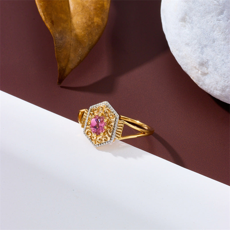 Pink Tourmaline Rhombus Retro Filigree Ring