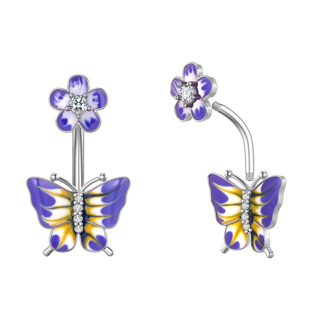 14G Purple CZ Butterfly Double Mount Dangle Belly Button Ring | WH2560