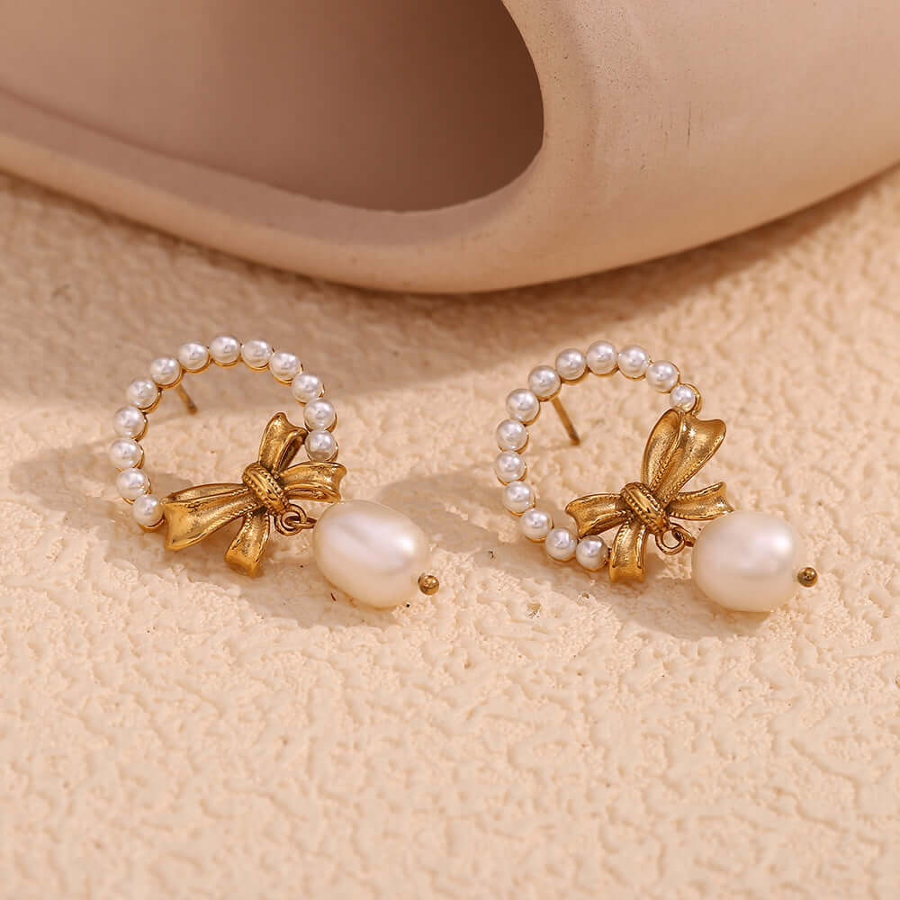 Gold Bow Pearl Drop Earrings