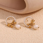 Gold Bow Pearl Drop Earrings