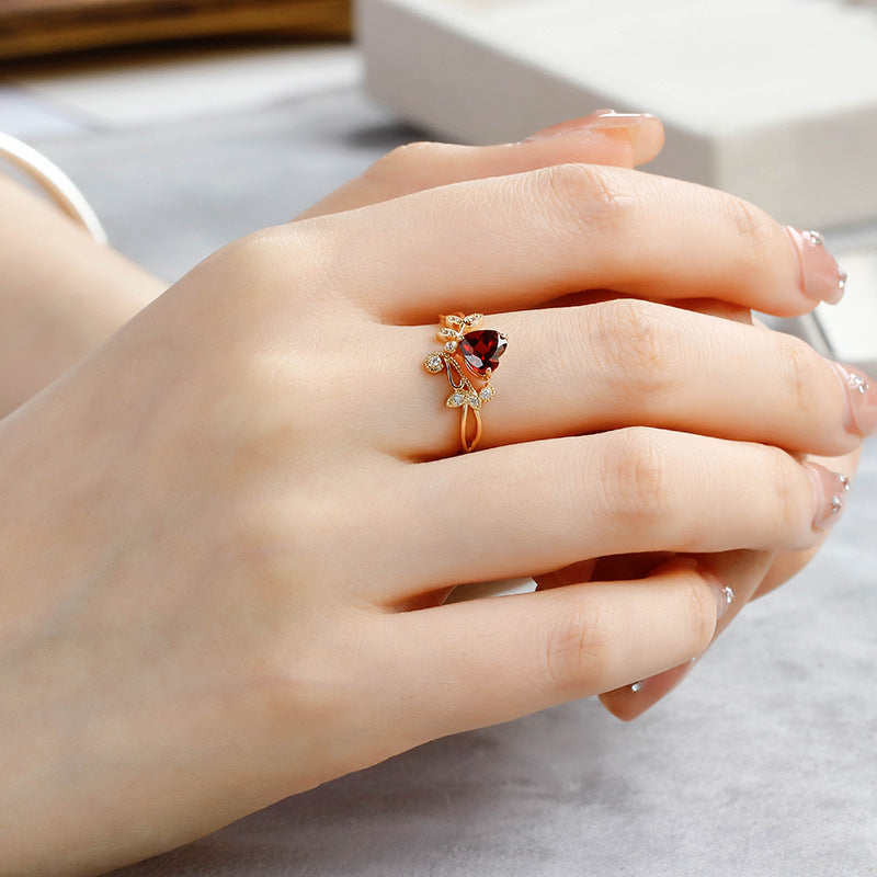 Red Garnet Heart Shaped Olive Branch Spiral Ring