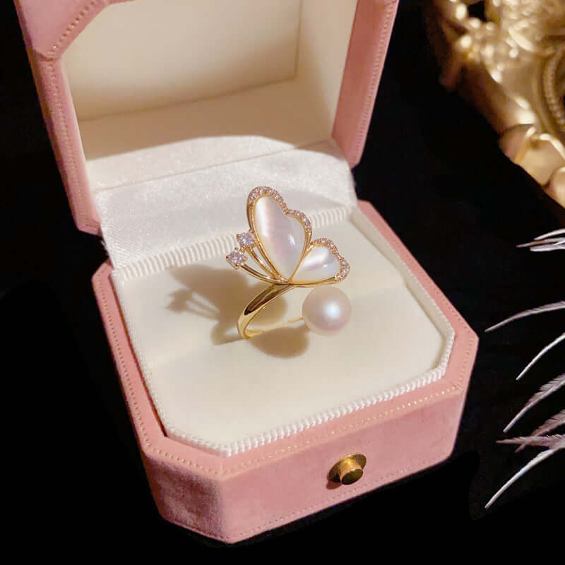 Fairy Butterfly Pearl Cocktail Rings