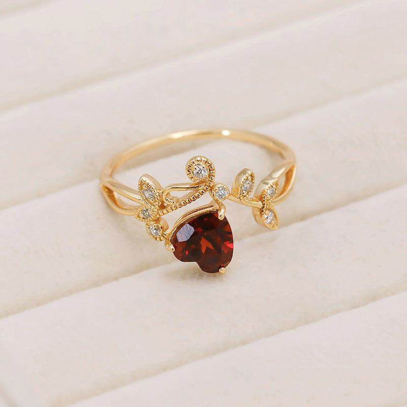 Red Garnet Heart Shaped Olive Branch Spiral Ring