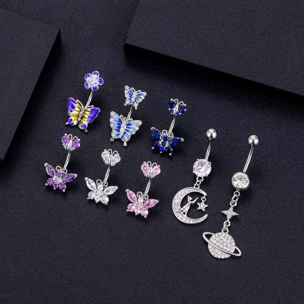 14G Purple CZ Butterfly Double Mount Dangle Belly Button Ring | WH2560