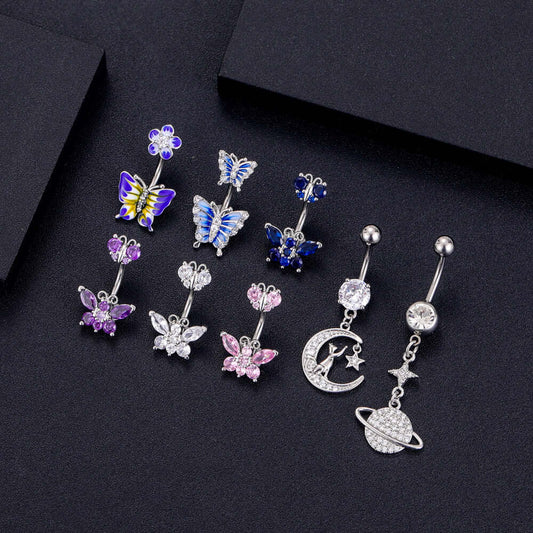 14G Purple CZ Butterfly Double Mount Dangle Belly Button Ring | WH2560