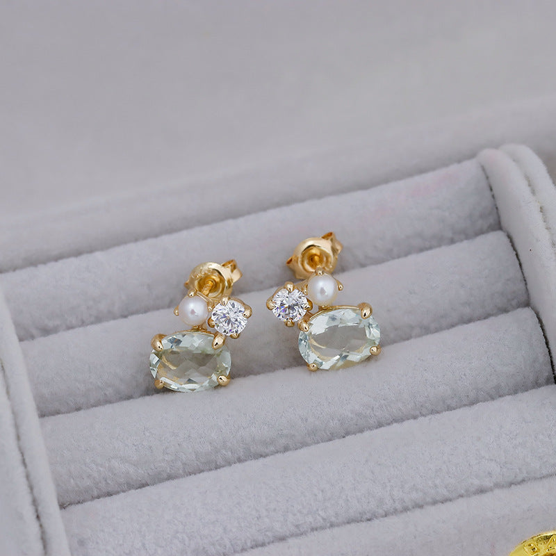 Dainty Green Amethyst Stud Earrings with Pearl