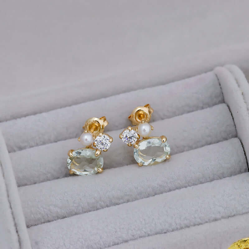 Dainty Green Amethyst Stud Earrings with Pearl