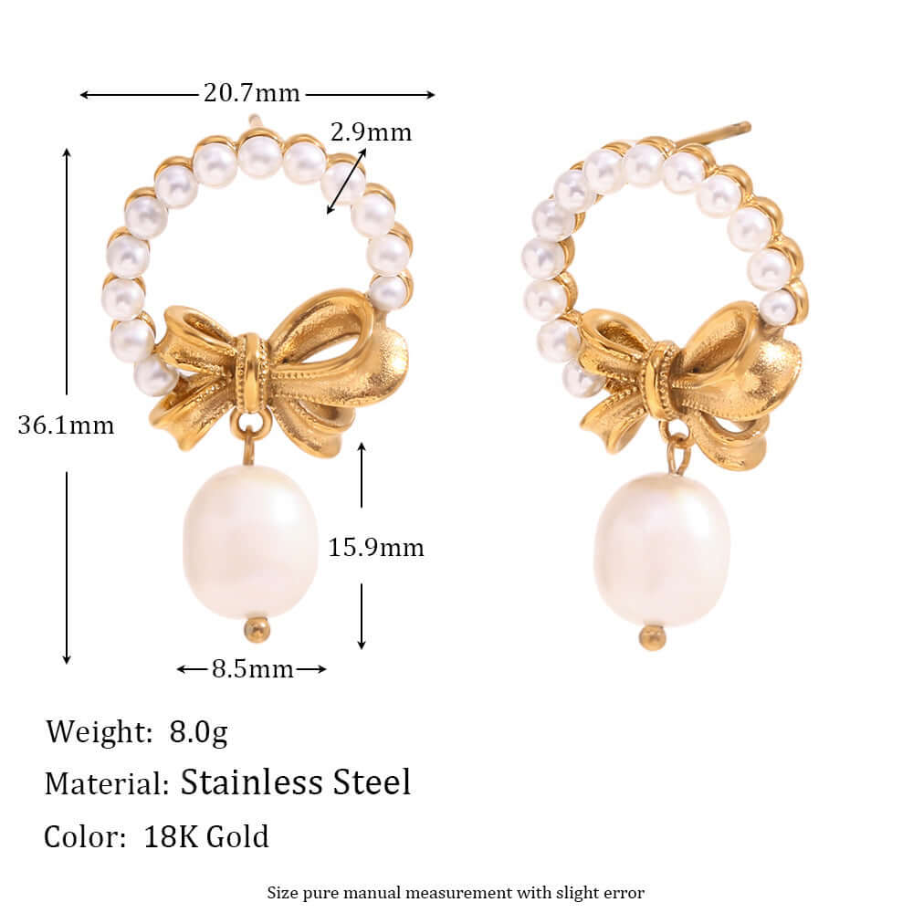 Gold Bow Pearl Drop Earrings