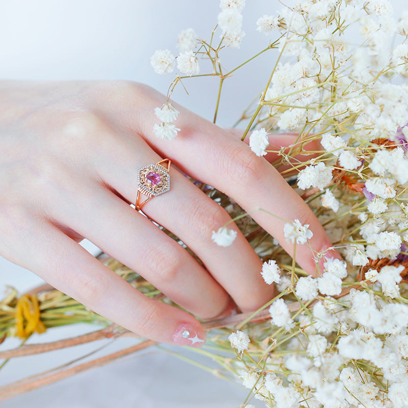 Pink Tourmaline Rhombus Retro Filigree Ring