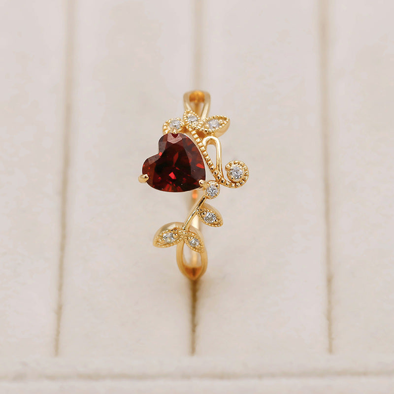 Red Garnet Heart Shaped Olive Branch Spiral Ring