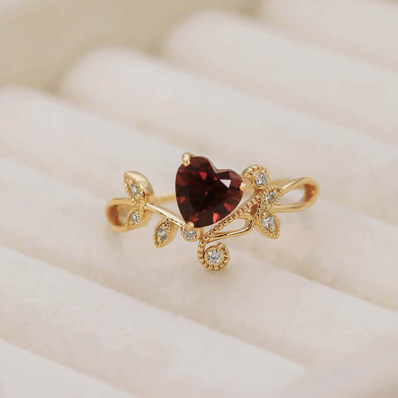 Red Garnet Heart Shaped Olive Branch Spiral Ring