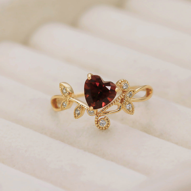 Red Garnet Heart Shaped Olive Branch Spiral Ring