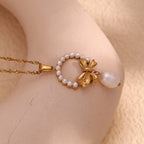 Feminine Pearl Bow Pendant Necklace