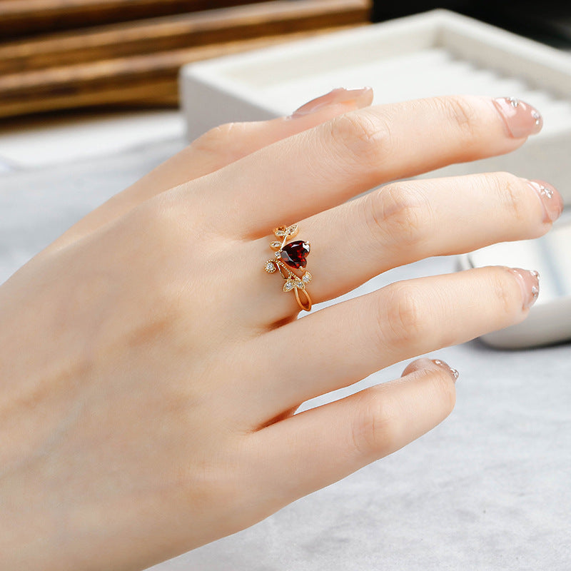 Red Garnet Heart Shaped Olive Branch Spiral Ring