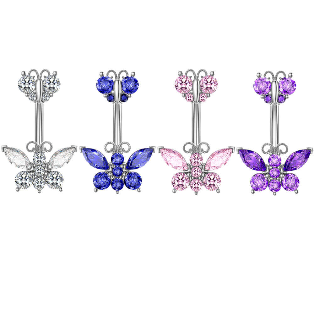 14G Purple CZ Butterfly Double Mount Dangle Belly Button Ring | WH2560