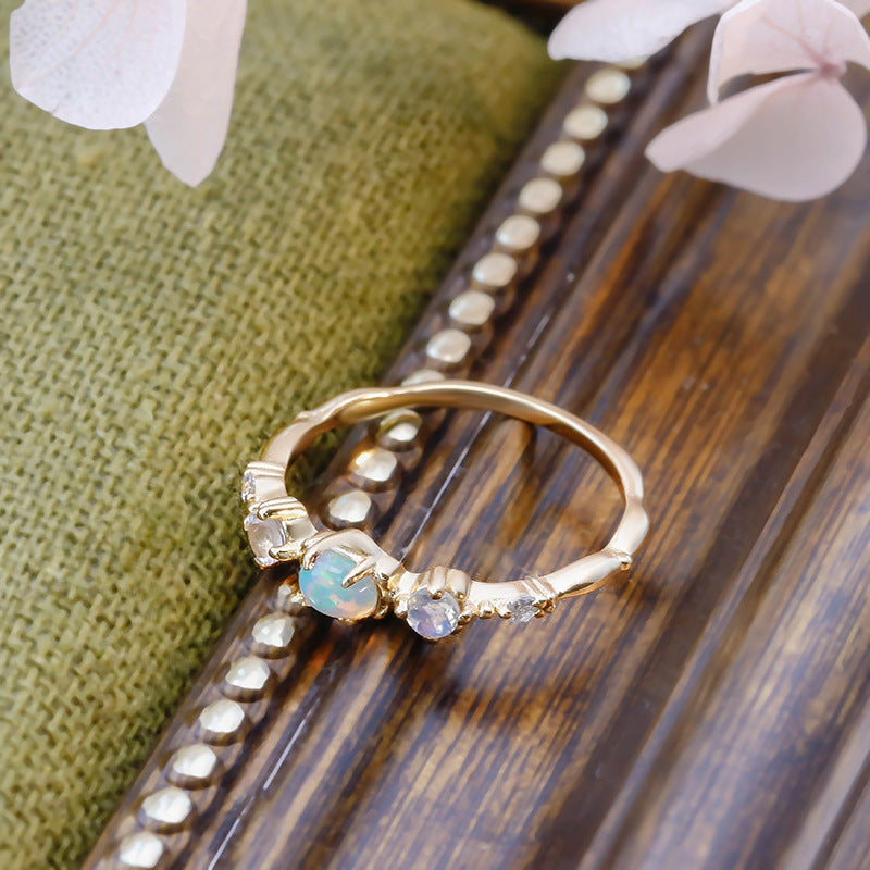 Gold Opal & Moonstone Crystal Ring, Birthstone Ring