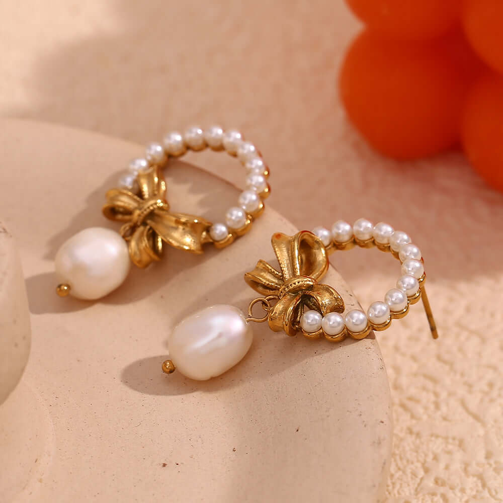 Gold Bow Pearl Drop Earrings