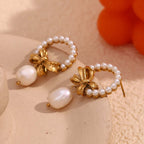 Gold Bow Pearl Drop Earrings