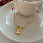 Mother of Pearl Vintage Gold Frame Pendant Necklace
