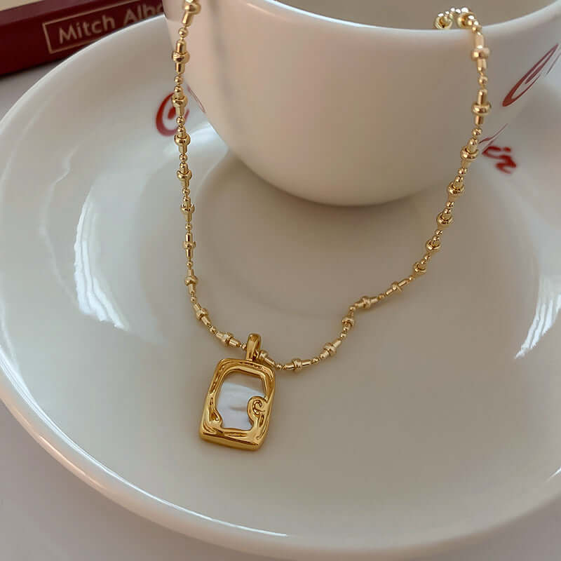 Mother of Pearl Vintage Gold Frame Pendant Necklace