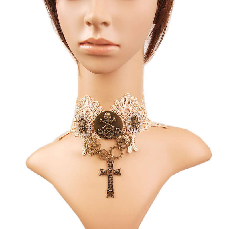 Victorian Goth Pirates Skull Collar Lace Choker with Cross Pendant