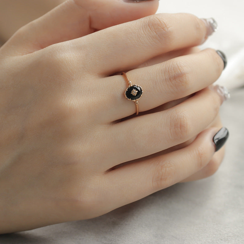 Vintage Black Agate Celestial Ring and Pendant Set