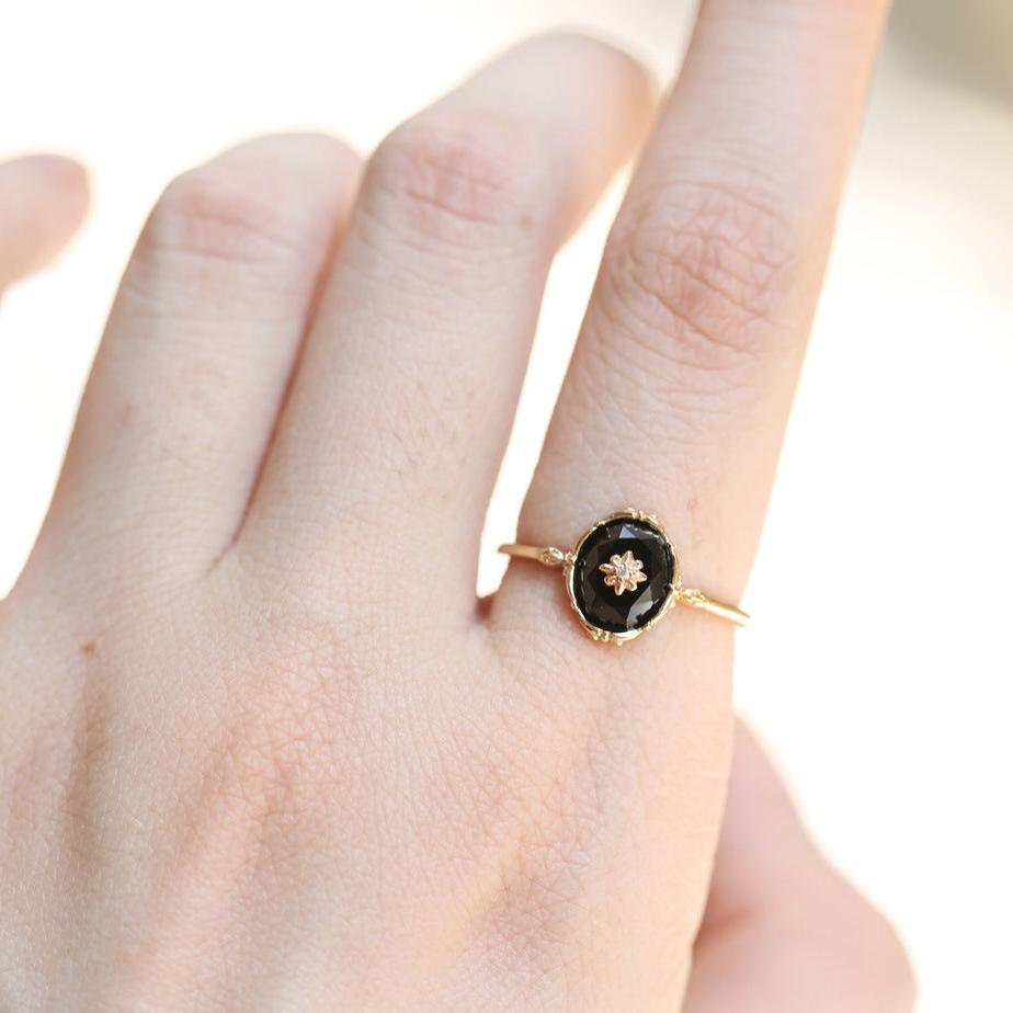 Vintage Black Agate Celestial Ring and Pendant Set