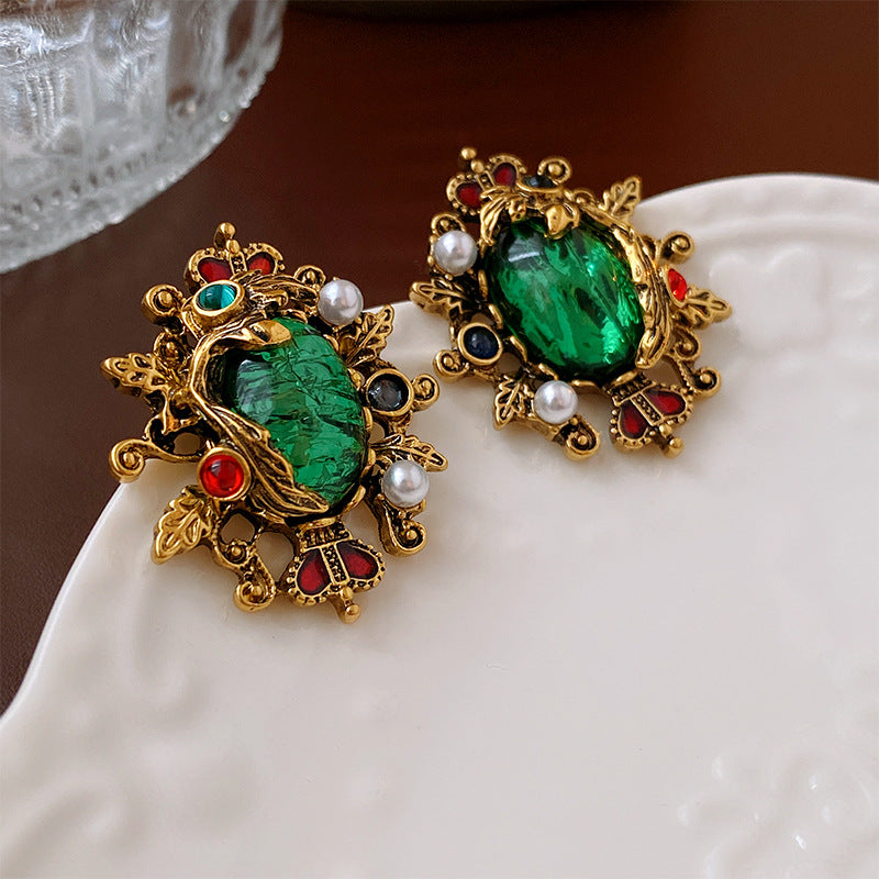 Vintage Crown Pearl Earrings, Green Earrings | HE14025