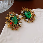 Vintage Crown Pearl Earrings, Green Earrings | HE14025