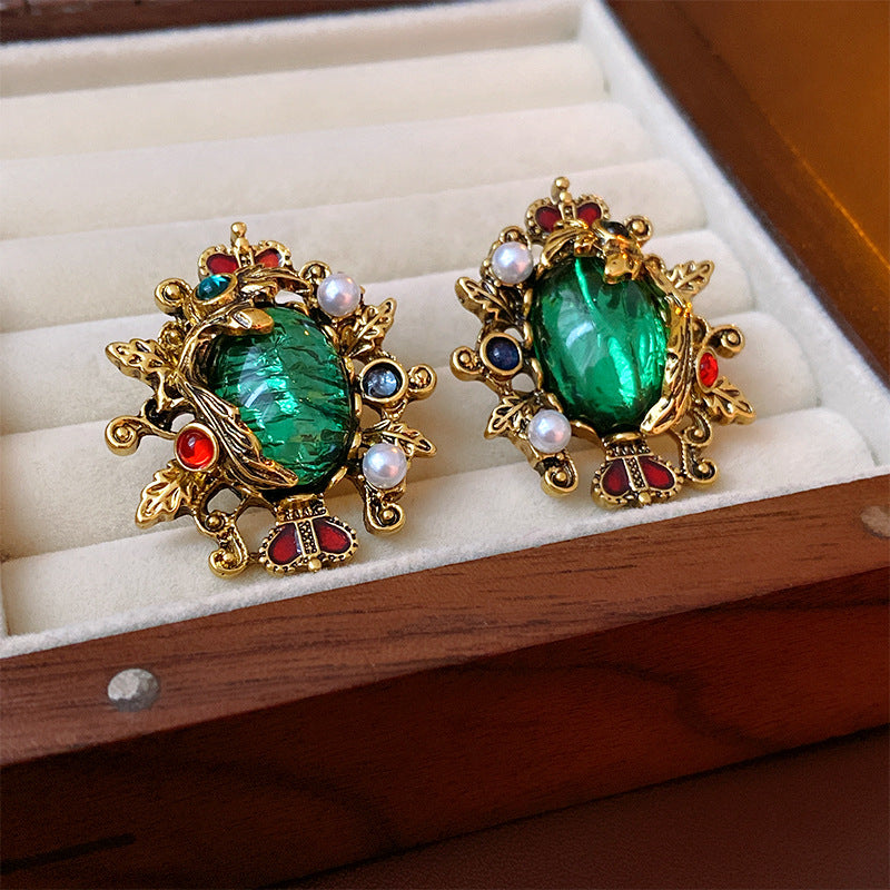 Vintage Crown Pearl Earrings, Green Earrings