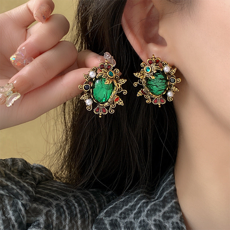 Vintage Crown Pearl Earrings, Green Earrings | HE14025