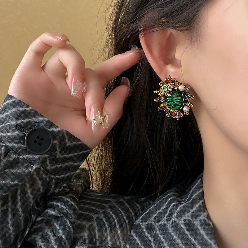 Vintage Crown Pearl Earrings, Green Earrings | HE14025